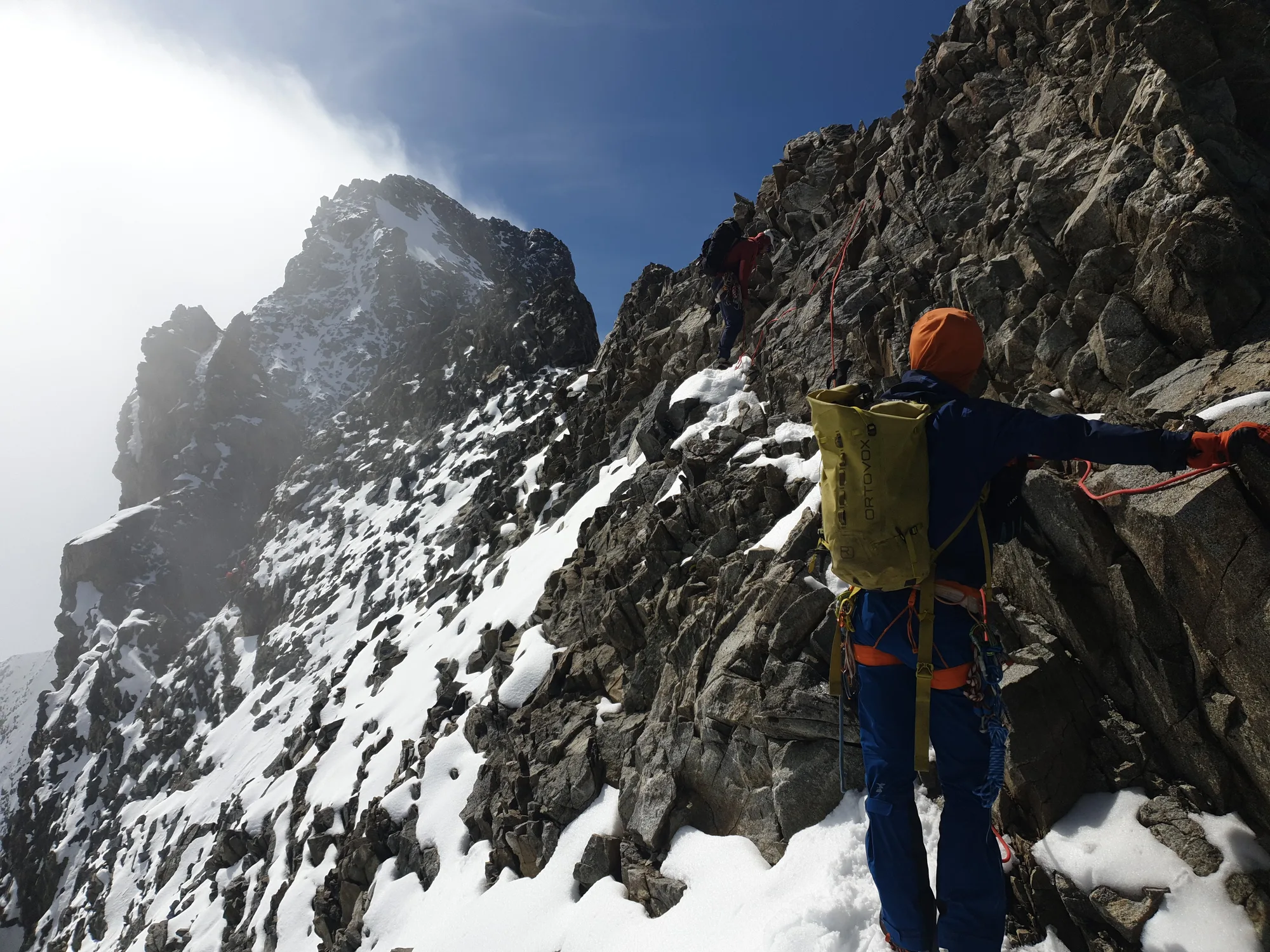 In the connecting ridge between Bianco and Bernina for traditional snowed in climbing.